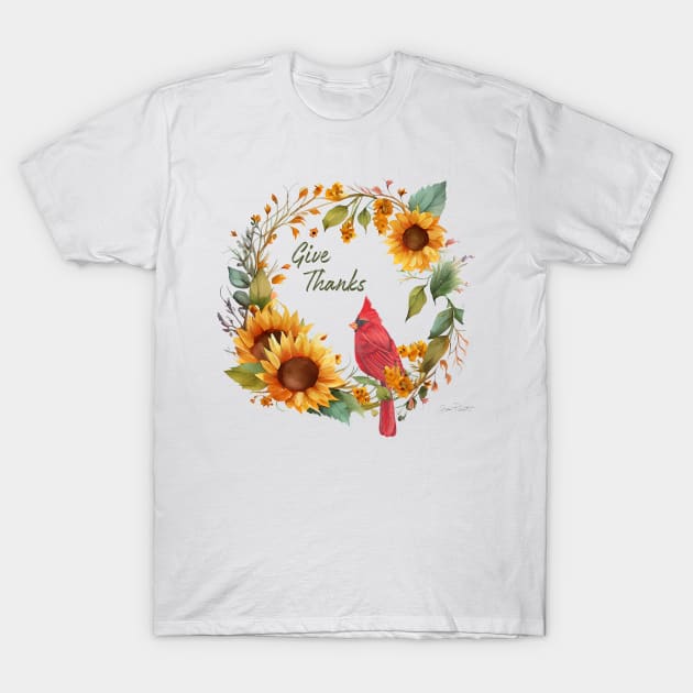 Cardinal on Sunflower Wreath T-Shirt by Jean Plout Designs